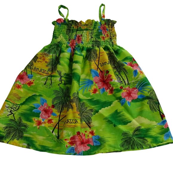 Revue Jamaica Tropical Smocked Green Sundress Dress Girls Size S Spaghetti Strap - Picture 4 of 7